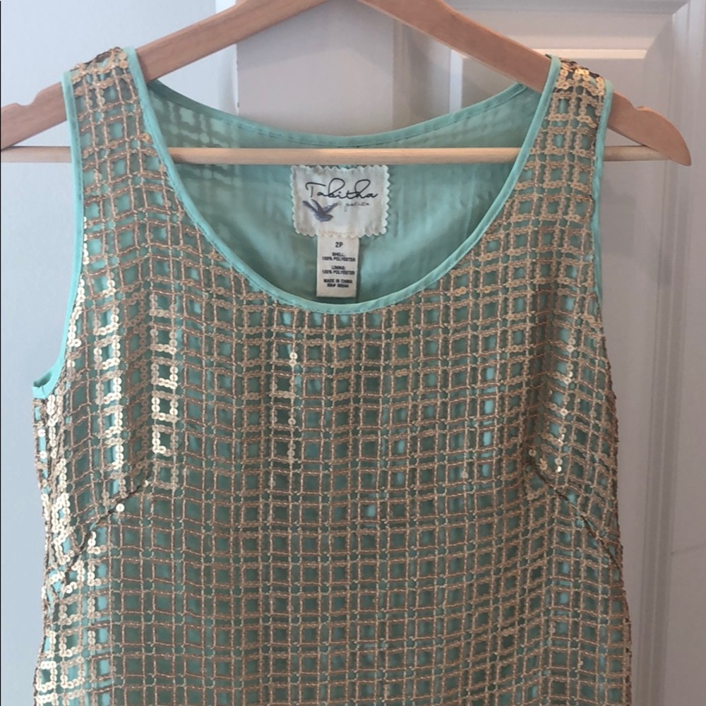 Anthropologie mint and gold sequin party dress